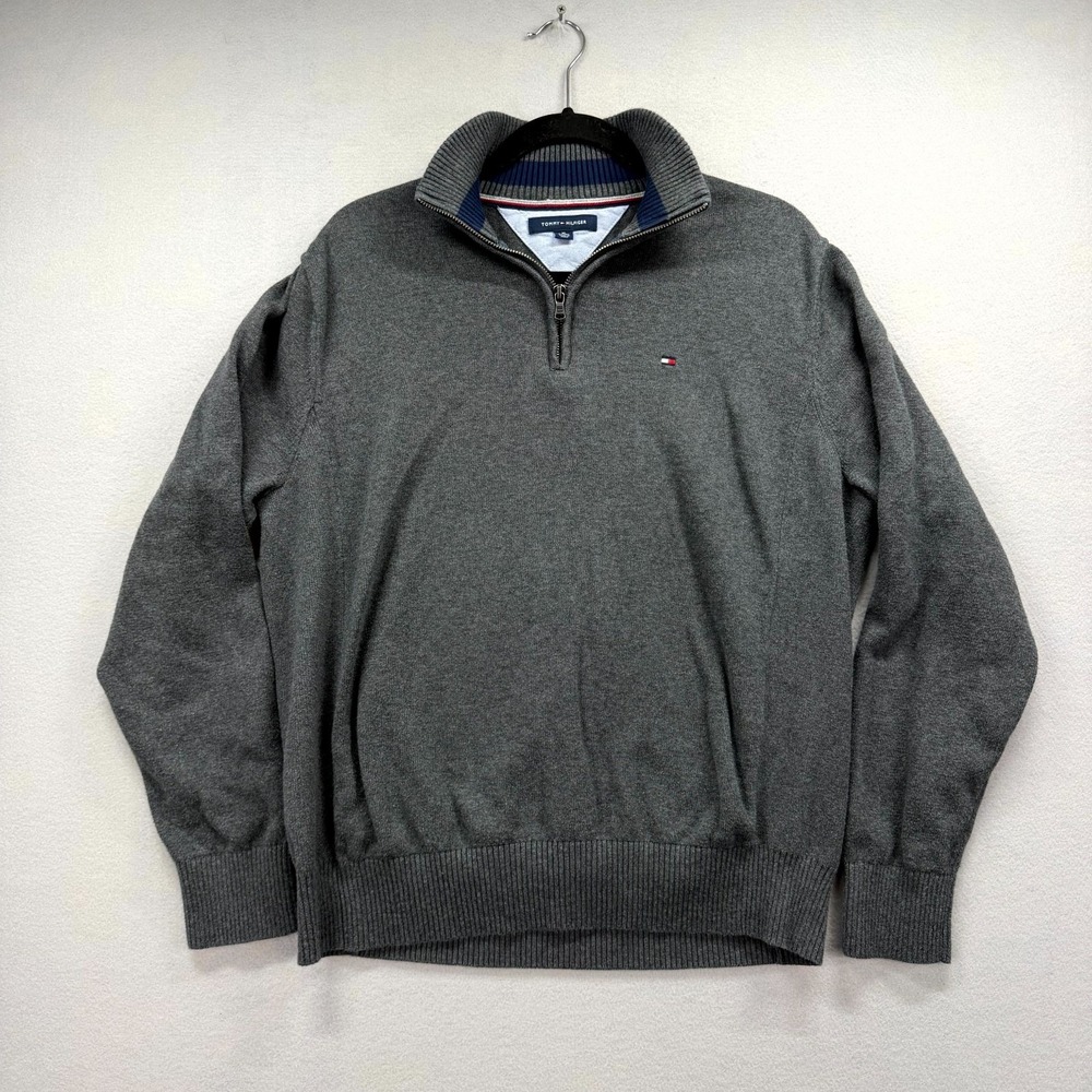 Tommy Hilfiger 1/4 Zip Sweater Mens XL‎ Gray Stretch French Rib Cuff Mock Neck